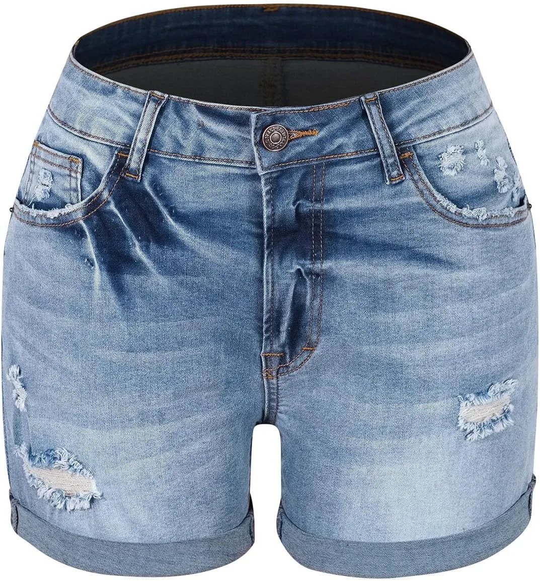 2025 Summer Women's Denim Shorts High Waisted Stretchy Blue Jeans Elastic Waist Casual Retro Ripped Jean Shorts