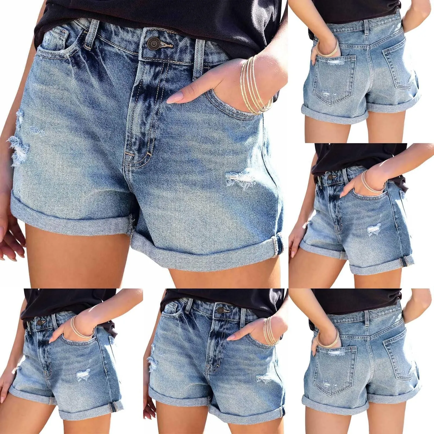 2025 Summer Women's Denim Shorts High Waisted Stretchy Blue Jeans Elastic Waist Casual Retro Ripped Jean Shorts