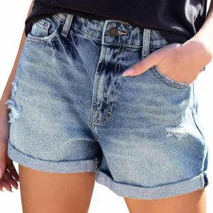 2025 Summer Women's Denim Shorts High Waisted Stretchy Blue Jeans Elastic Waist Casual Retro Ripped Jean Shorts