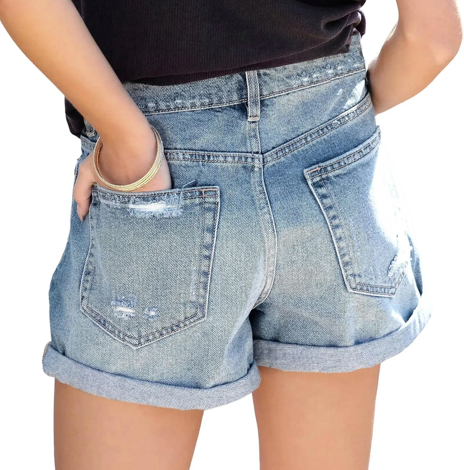 2025 Summer Women's Denim Shorts High Waisted Stretchy Blue Jeans Elastic Waist Casual Retro Ripped Jean Shorts