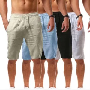 aihihe Men's Linen Bermuda Shorts Elastic Waist Drawstring Casual Summer Shorts Lighweight Loose Fit Beach Short Pants