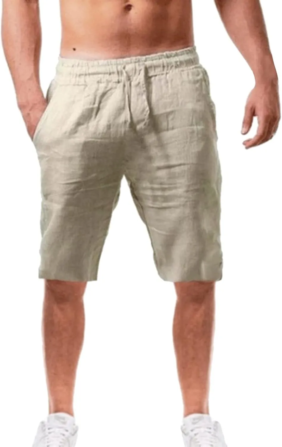 aihihe Men's Linen Bermuda Shorts Elastic Waist Drawstring Casual Summer Shorts Lighweight Loose Fit Beach Short Pants