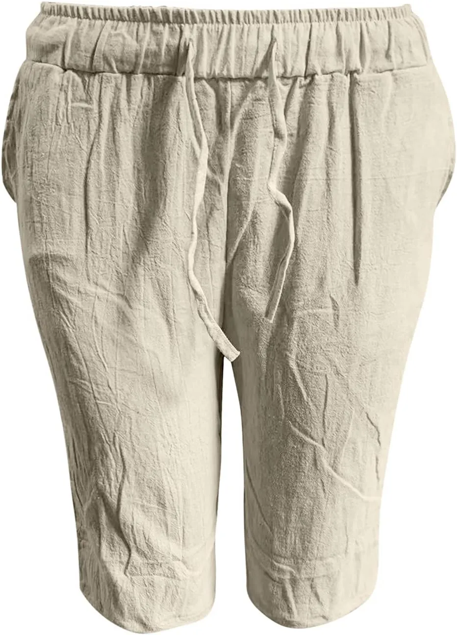 aihihe Men's Linen Bermuda Shorts Elastic Waist Drawstring Casual Summer Shorts Lighweight Loose Fit Beach Short Pants