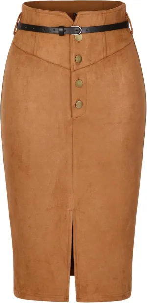 Allegra K Faux Suede Skirt for Women's High Rise Button Front A-line Slit Skirt