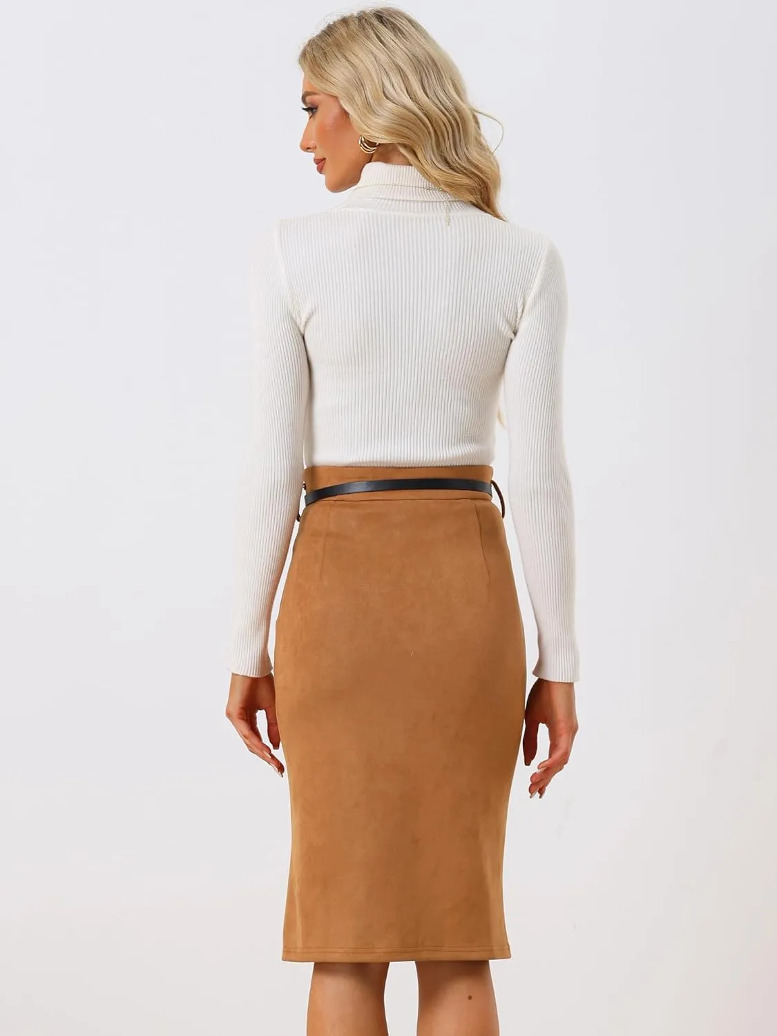Allegra K Faux Suede Skirt for Women's High Rise Button Front A-line Slit Skirt