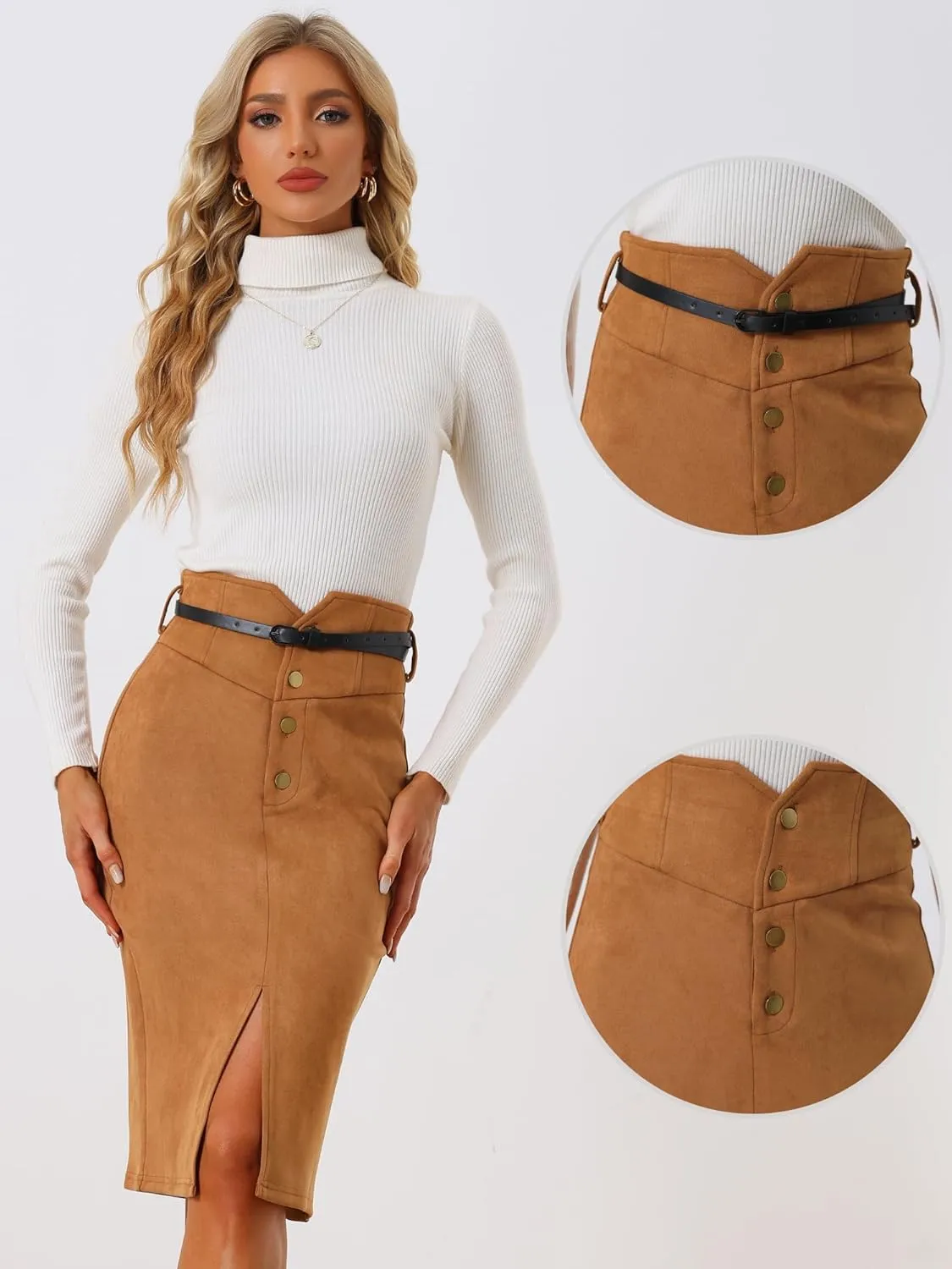 Allegra K Faux Suede Skirt for Women's High Rise Button Front A-line Slit Skirt