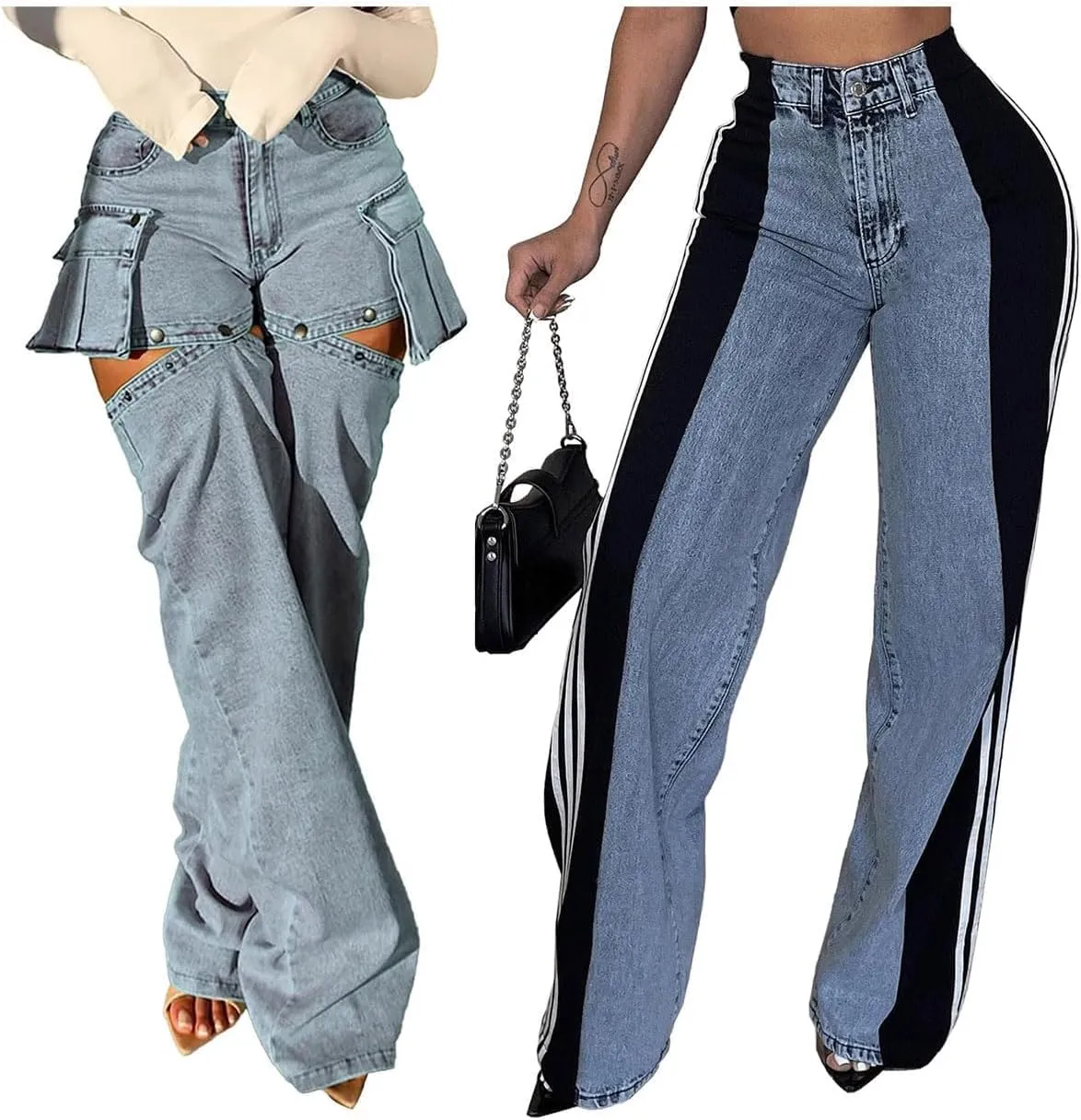 Angsuttc Womens Jeans High Waisted Patchwork Denim Pants Jean Straight Wide Leg