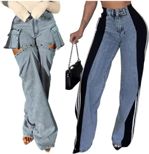 Angsuttc Womens Jeans High Waisted Patchwork Denim Pants Jean Straight Wide Leg