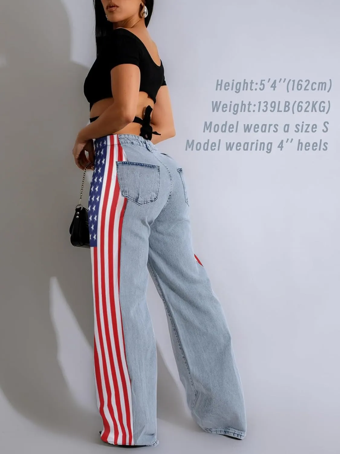Angsuttc Womens Jeans with Patchwork Stripes High Waist American Flag Denim Jean Color Block Straight Wide Leg Pants