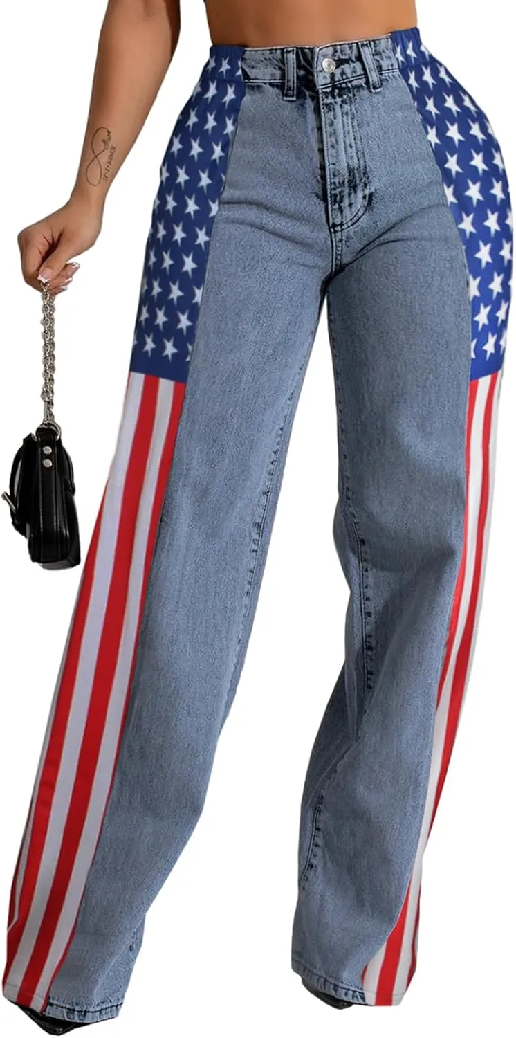 Angsuttc Womens Jeans with Patchwork Stripes High Waist American Flag Denim Jean Color Block Straight Wide Leg Pants