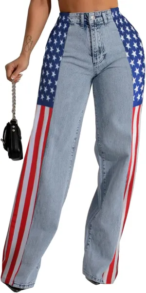 Angsuttc Womens Jeans with Patchwork Stripes High Waist American Flag Denim Jean Color Block Straight Wide Leg Pants