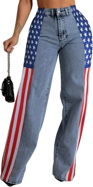 Angsuttc Womens Jeans with Patchwork Stripes High Waist American Flag Denim Jean Color Block Straight Wide Leg Pants