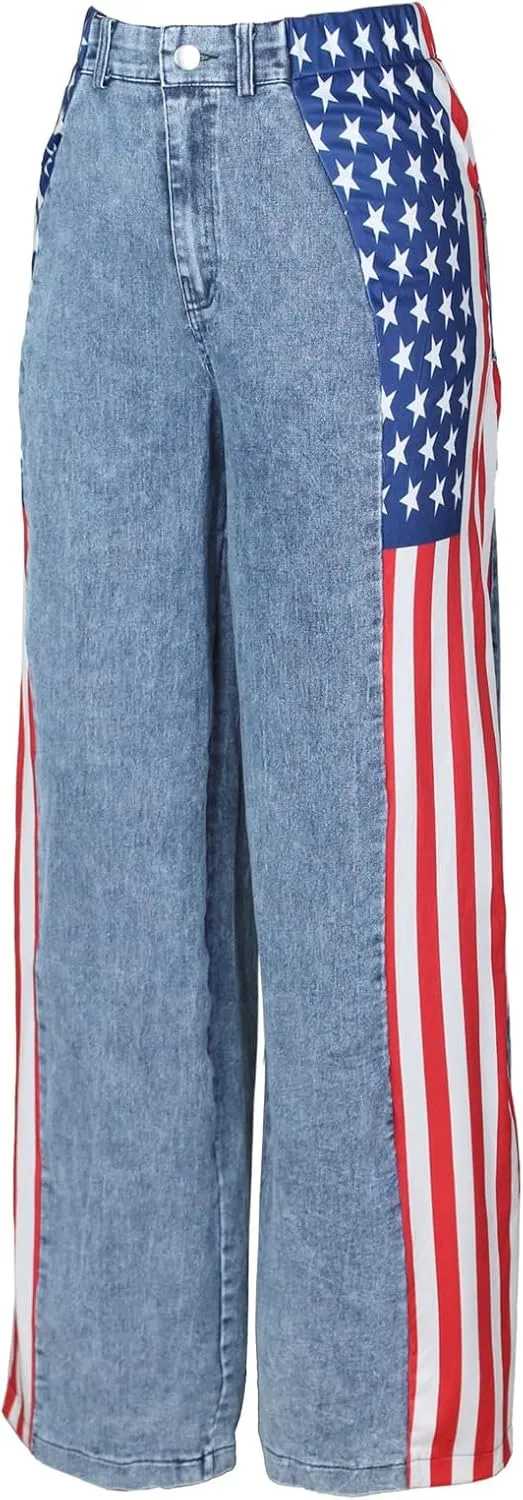 Angsuttc Womens Jeans with Patchwork Stripes High Waist American Flag Denim Jean Color Block Straight Wide Leg Pants