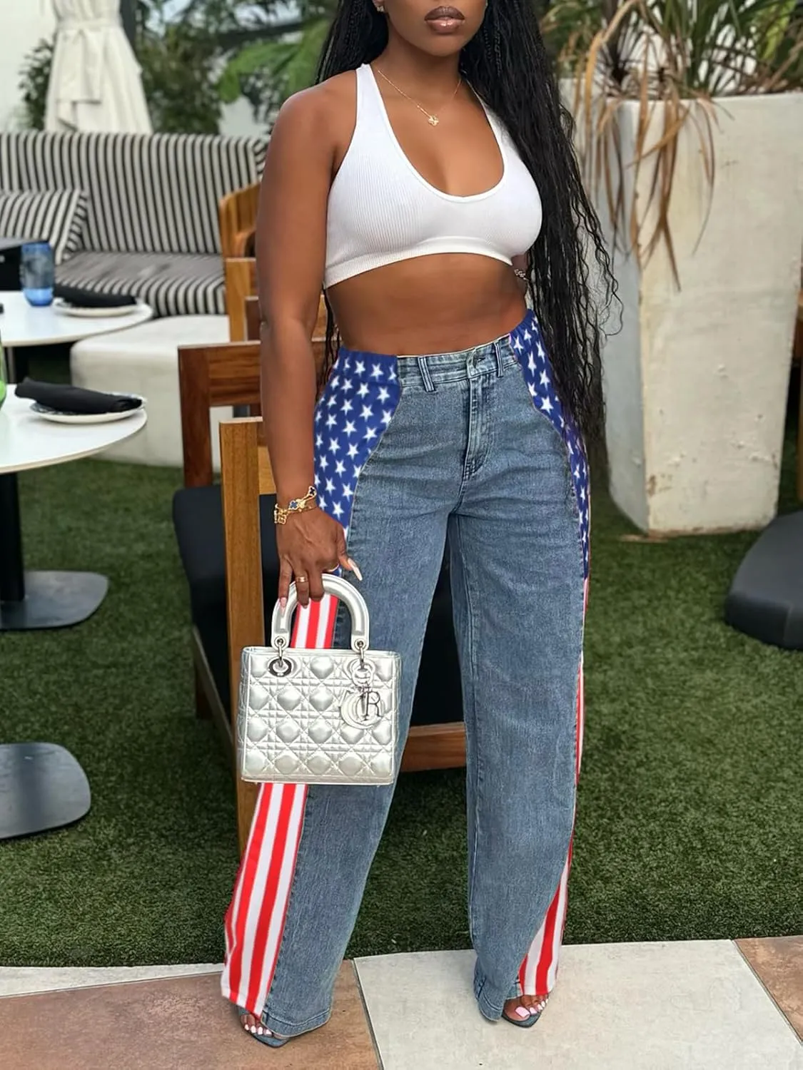 Angsuttc Womens Jeans with Patchwork Stripes High Waist American Flag Denim Jean Color Block Straight Wide Leg Pants