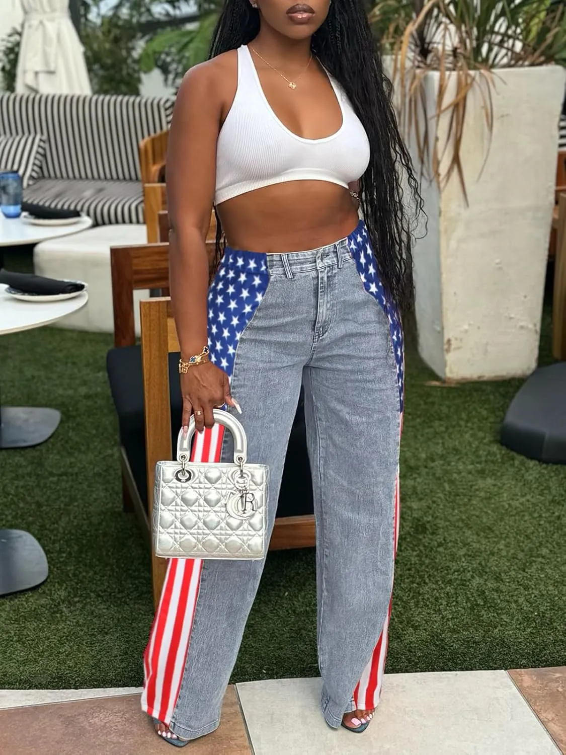 Angsuttc Womens Jeans with Patchwork Stripes High Waist American Flag Denim Jean Color Block Straight Wide Leg Pants