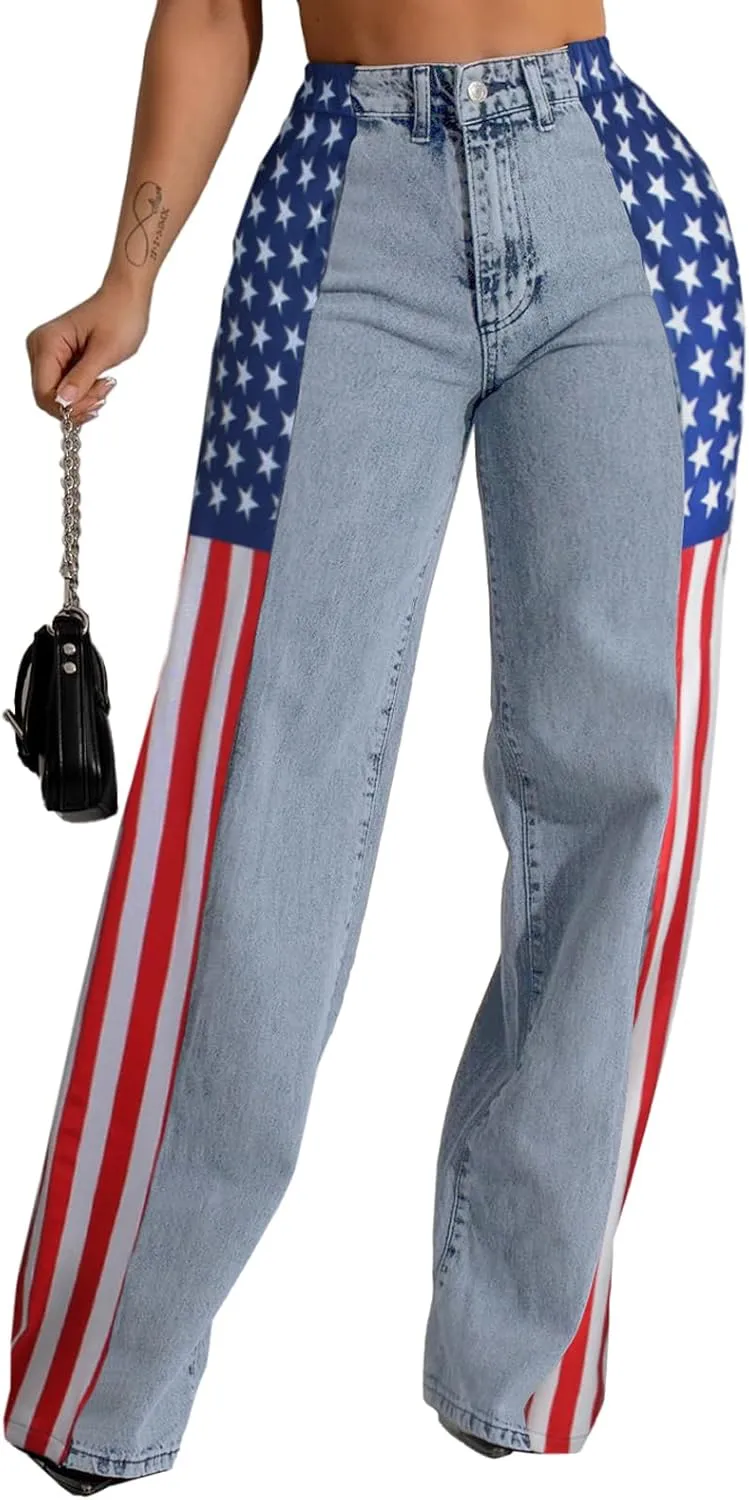 Angsuttc Womens Jeans with Patchwork Stripes High Waist American Flag Denim Jean Color Block Straight Wide Leg Pants