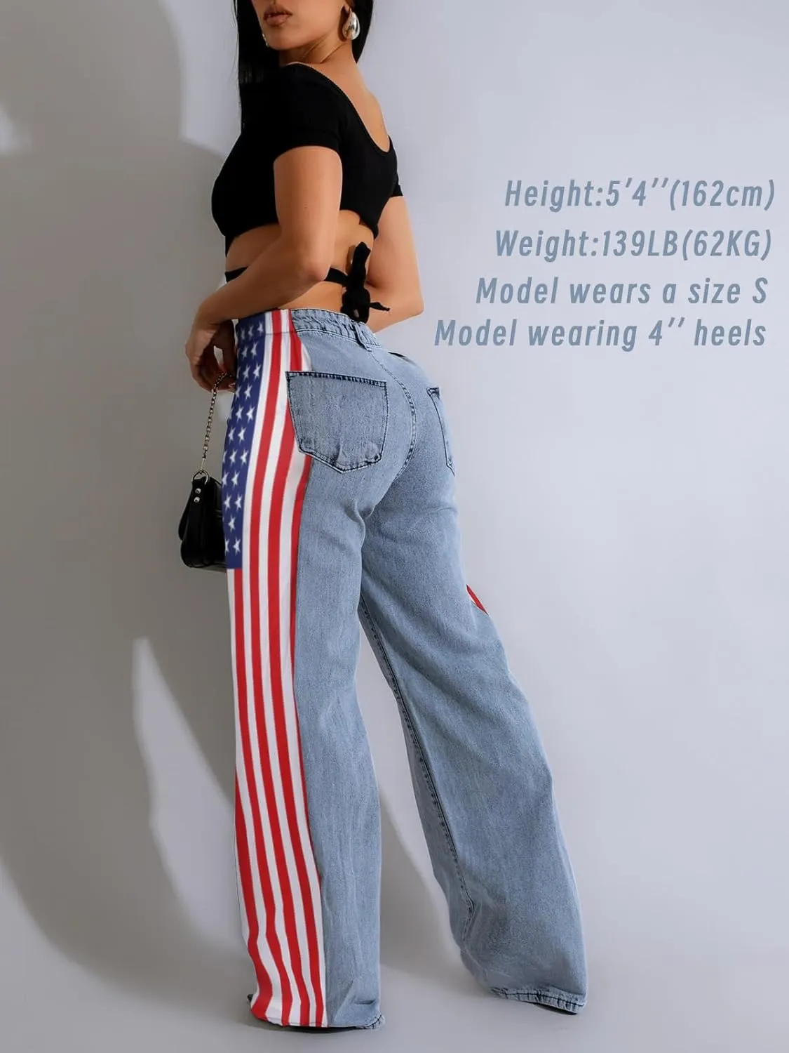 Angsuttc Womens Jeans with Patchwork Stripes High Waist American Flag Denim Jean Color Block Straight Wide Leg Pants