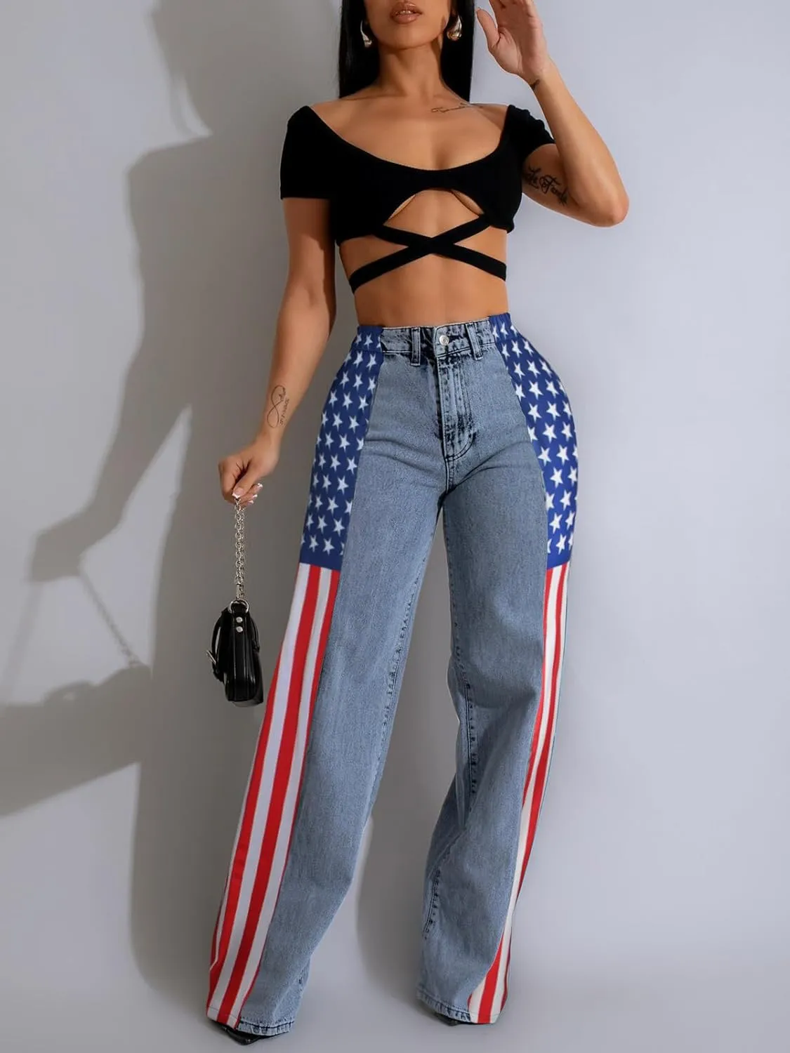Angsuttc Womens Jeans with Patchwork Stripes High Waist American Flag Denim Jean Color Block Straight Wide Leg Pants