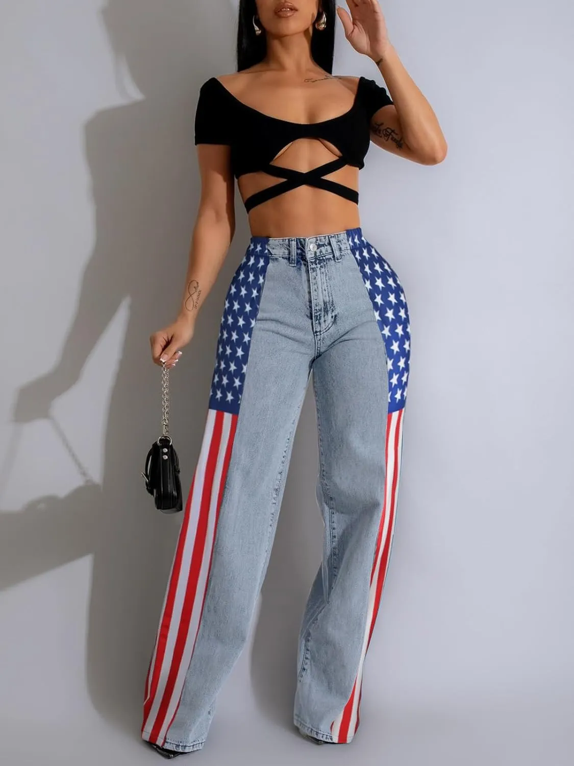 Angsuttc Womens Jeans with Patchwork Stripes High Waist American Flag Denim Jean Color Block Straight Wide Leg Pants