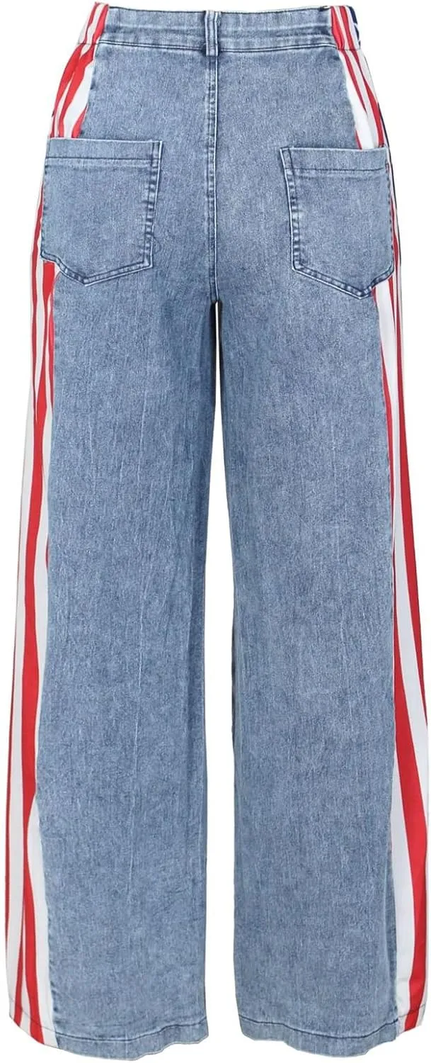 Angsuttc Womens Jeans with Patchwork Stripes High Waist American Flag Denim Jean Color Block Straight Wide Leg Pants