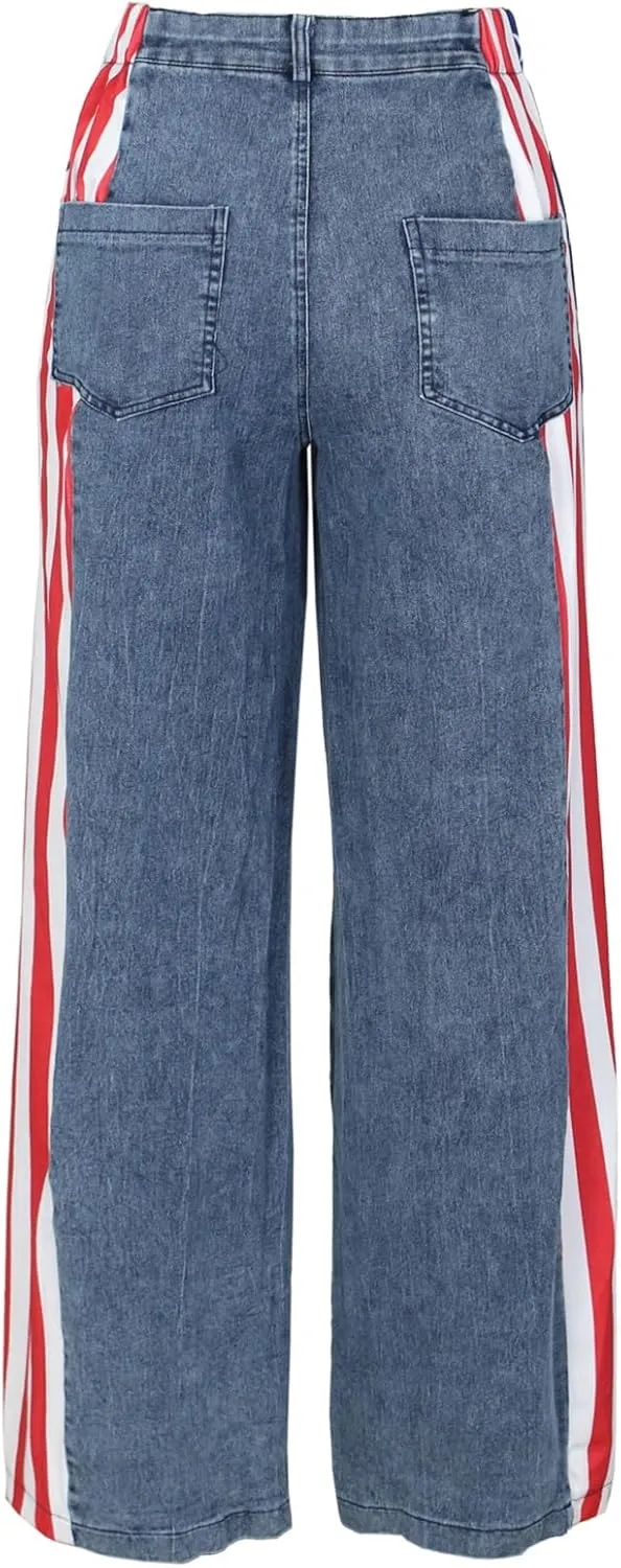 Angsuttc Womens Jeans with Patchwork Stripes High Waist American Flag Denim Jean Color Block Straight Wide Leg Pants