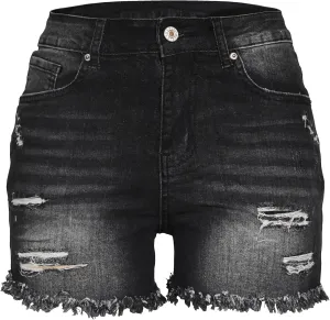 Aodrusa Jean Shorts Womens High Waisted Stretchy Mom Two Buttons Frayed Raw Hem Ripped Denim Shorts Distressed