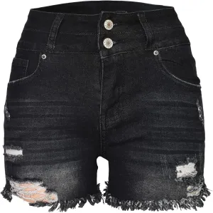 Aodrusa Jean Shorts Womens High Waisted Stretchy Mom Two Buttons Frayed Raw Hem Ripped Denim Shorts Distressed