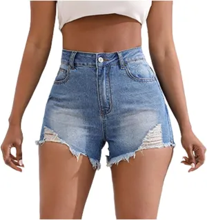 Askedwayu Lady Solid Color Washed Ripped High Waisted Stretch Denim Shorts Womens Active Shorts