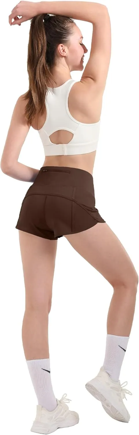 Aurefin Women's High Waisted Running Shorts with Liner,Quick Dry Athletic Gym Track Shorts with Zipper Pocket 2.5''