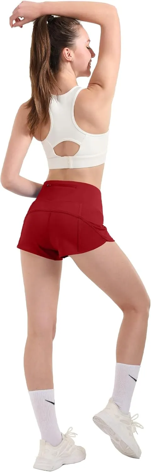 Aurefin Women's High Waisted Running Shorts with Liner,Quick Dry Athletic Gym Track Shorts with Zipper Pocket 2.5''