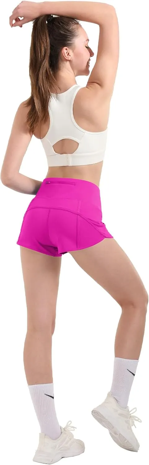 Aurefin Women's High Waisted Running Shorts with Liner,Quick Dry Athletic Gym Track Shorts with Zipper Pocket 2.5''