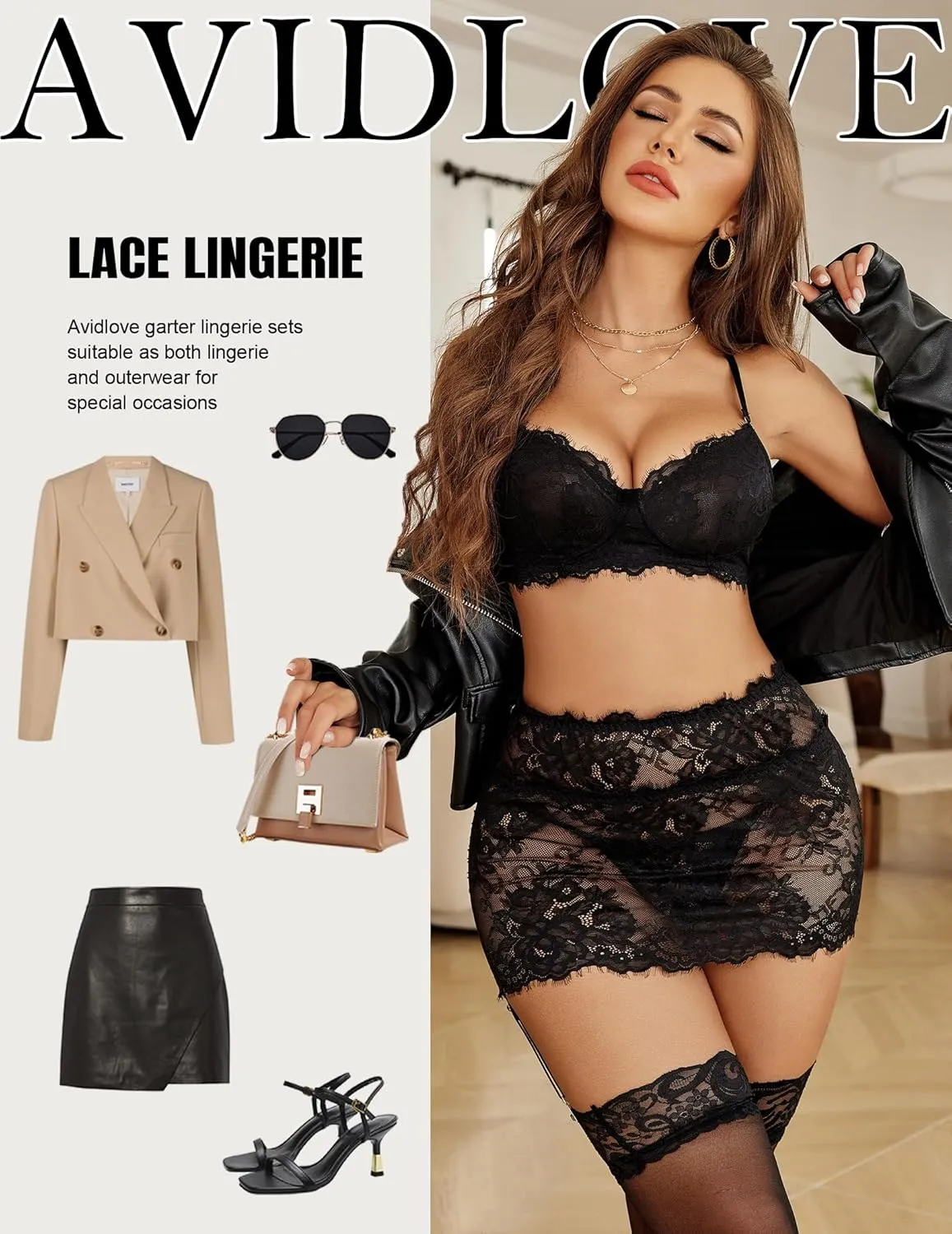 Avidlove Lingerie for Women Naughty 3 Piece Lace Garter Belt Bra And Panty Lingerie Set