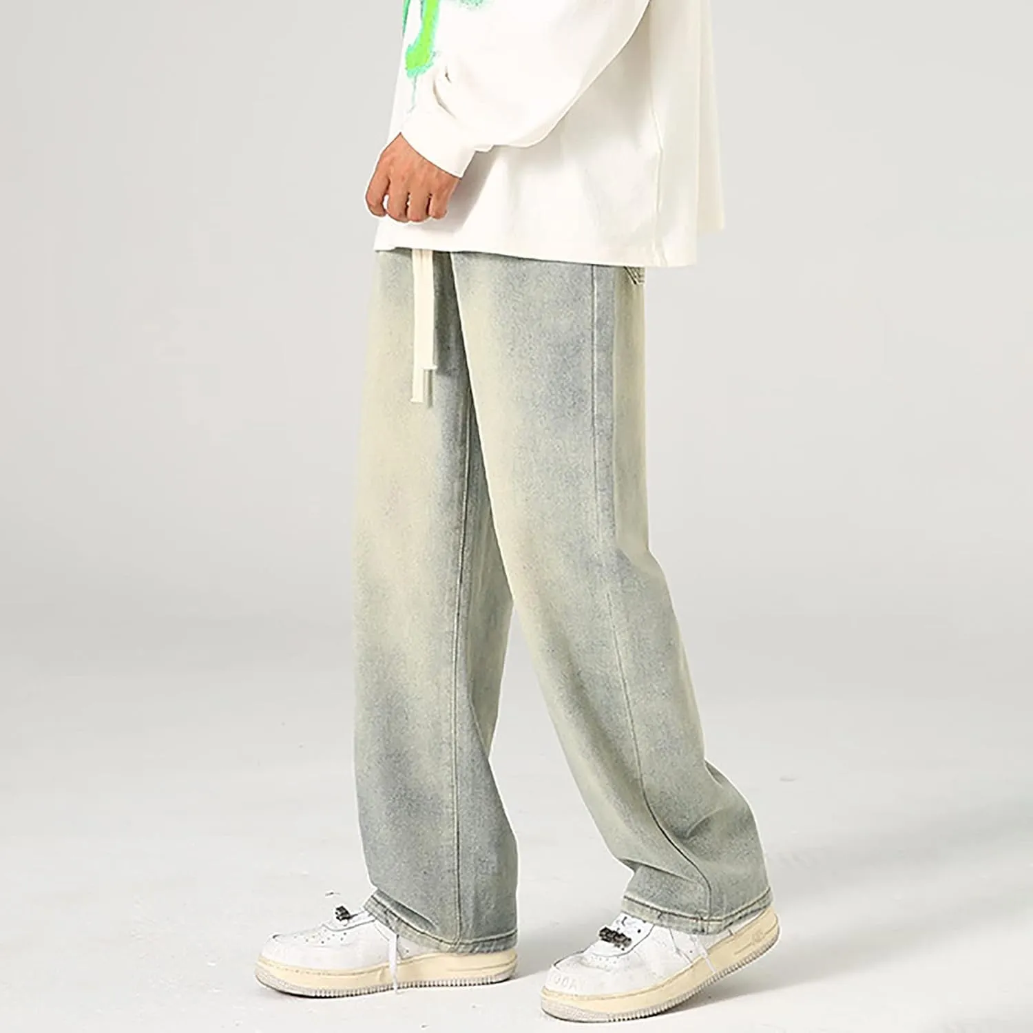 Baggy Straight Leg Jeans Men Baggy Drawstring Denim Pants Summer Casual Wide Leg Jeans Hip Hop High Street Trousers