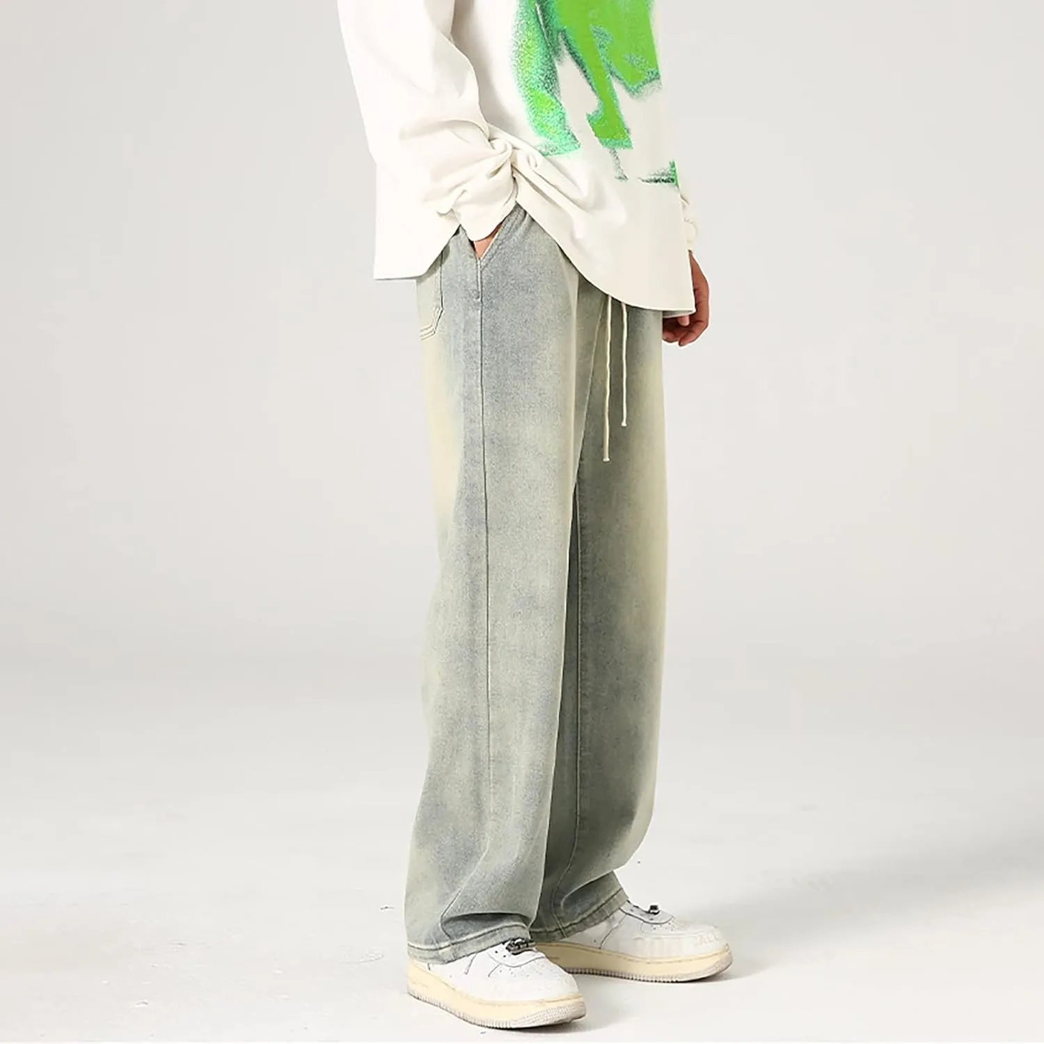 Baggy Straight Leg Jeans Men Baggy Drawstring Denim Pants Summer Casual Wide Leg Jeans Hip Hop High Street Trousers