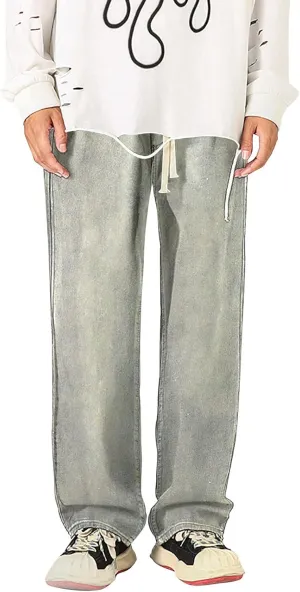 Baggy Straight Leg Jeans Men Baggy Drawstring Denim Pants Summer Casual Wide Leg Jeans Hip Hop High Street Trousers