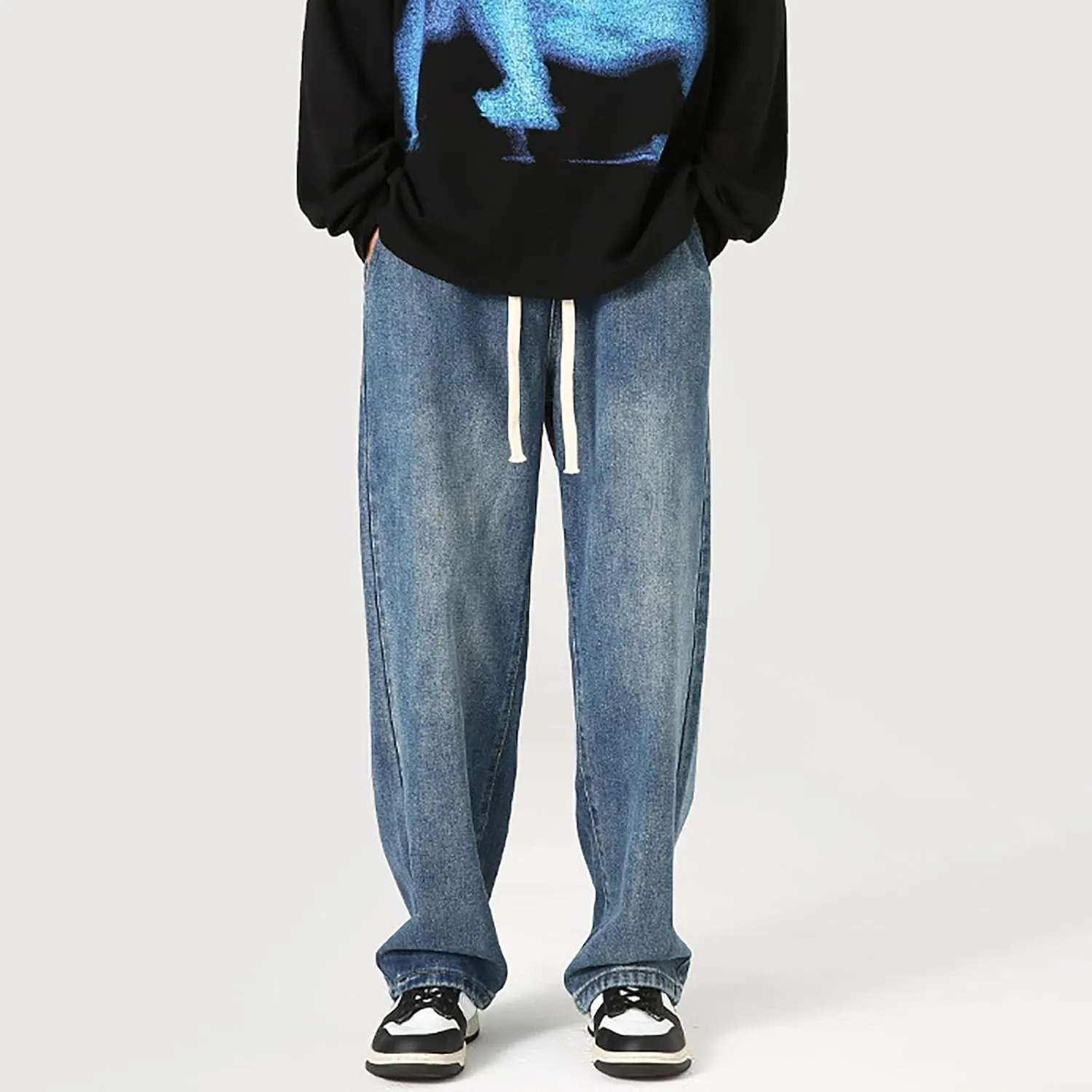 Baggy Straight Leg Jeans Men Baggy Drawstring Denim Pants Summer Casual Wide Leg Jeans Hip Hop High Street Trousers