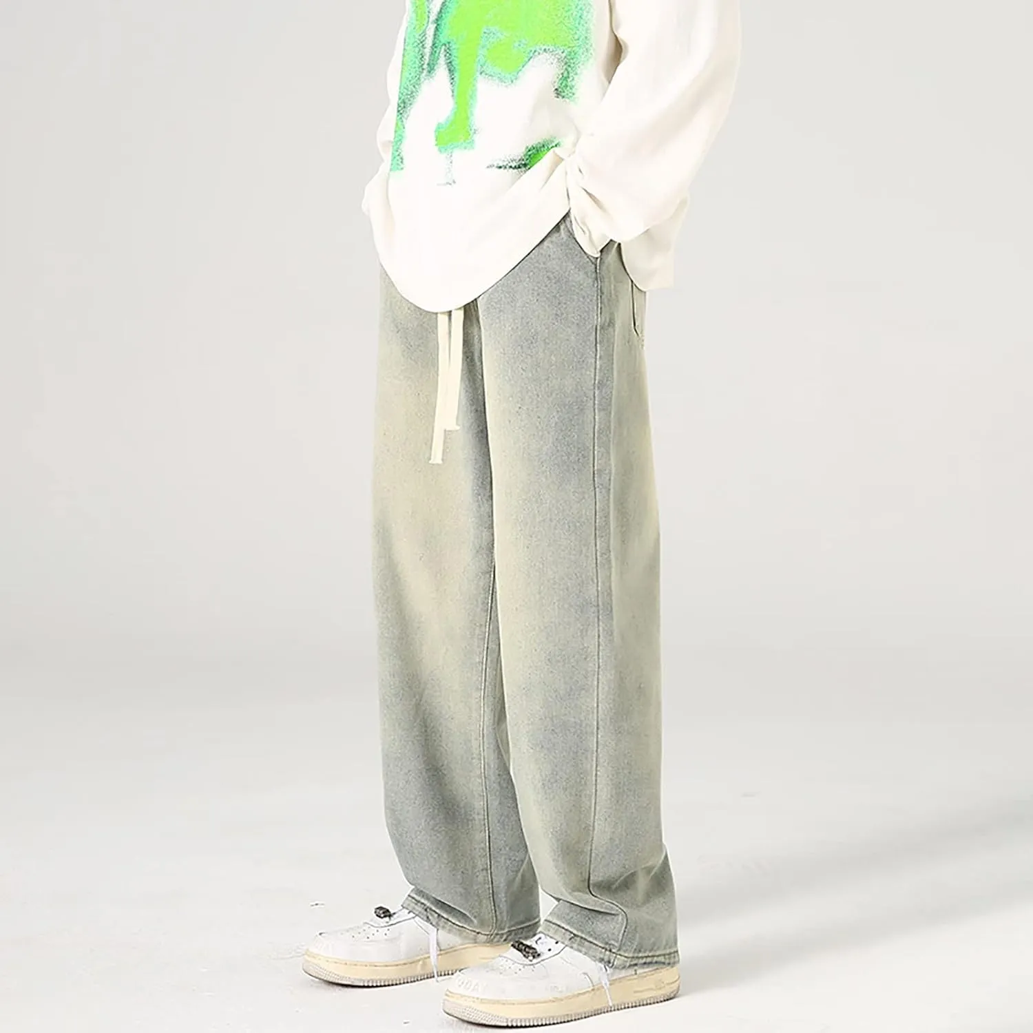 Baggy Straight Leg Jeans Men Baggy Drawstring Denim Pants Summer Casual Wide Leg Jeans Hip Hop High Street Trousers