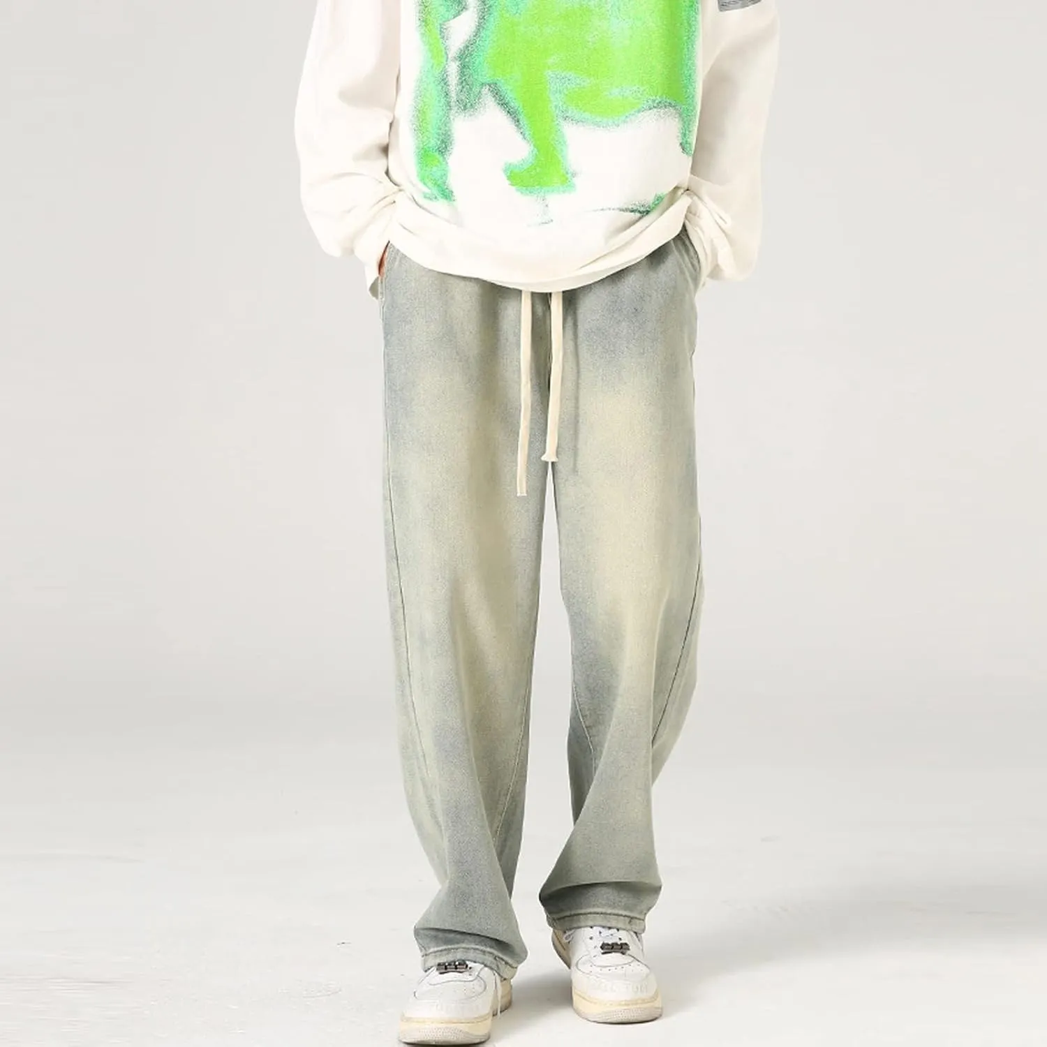 Baggy Straight Leg Jeans Men Baggy Drawstring Denim Pants Summer Casual Wide Leg Jeans Hip Hop High Street Trousers
