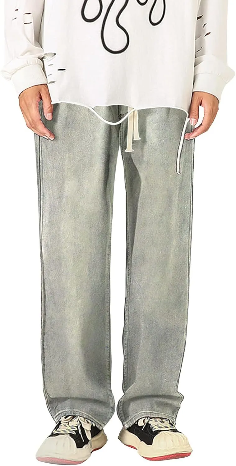 Baggy Straight Leg Jeans Men Baggy Drawstring Denim Pants Summer Casual Wide Leg Jeans Hip Hop High Street Trousers