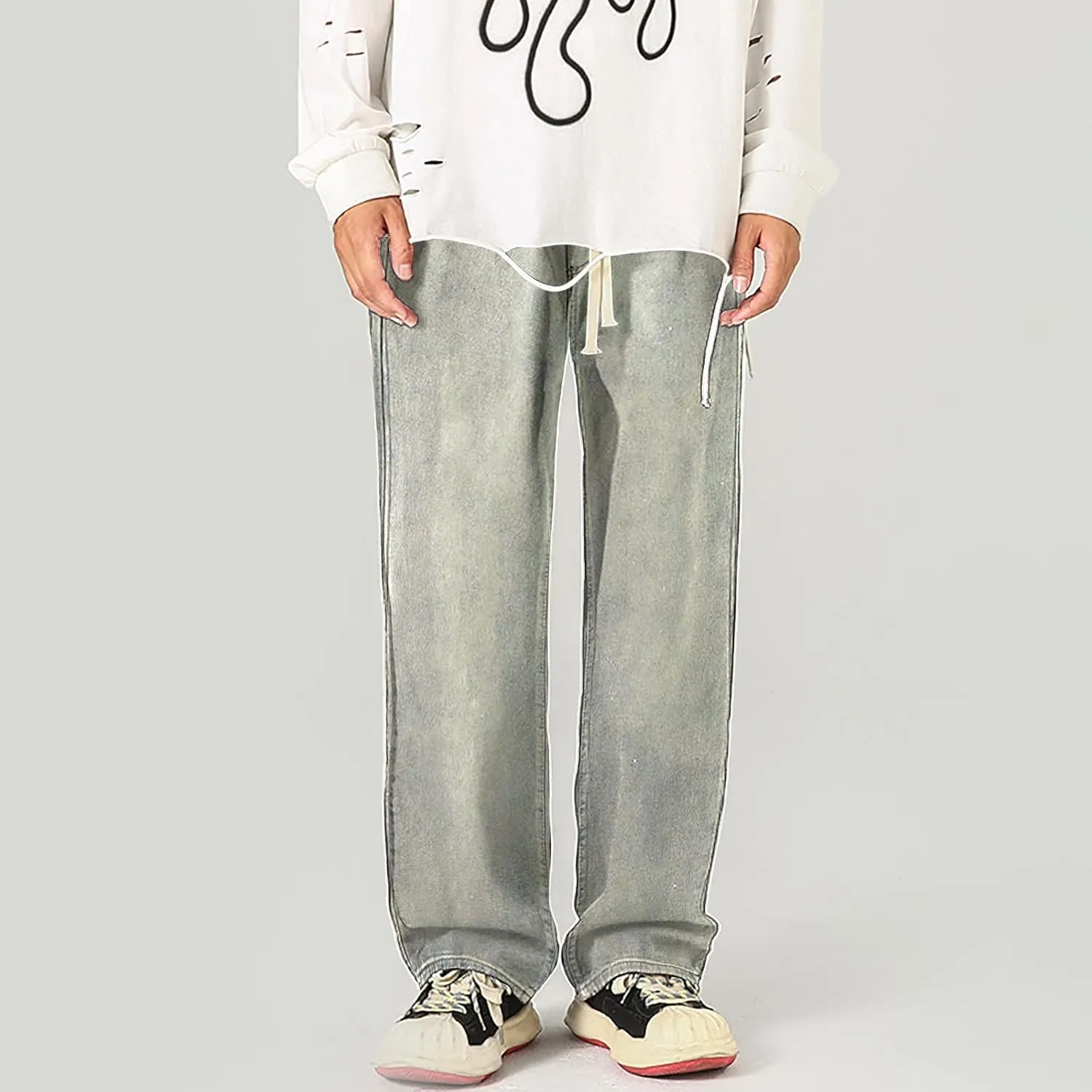 Baggy Straight Leg Jeans Men Baggy Drawstring Denim Pants Summer Casual Wide Leg Jeans Hip Hop High Street Trousers