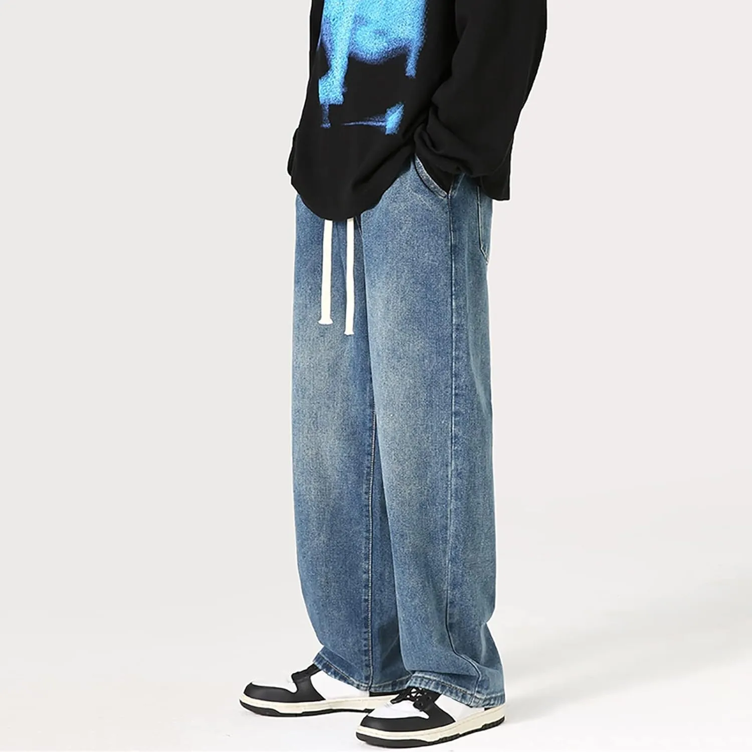 Baggy Straight Leg Jeans Men Baggy Drawstring Denim Pants Summer Casual Wide Leg Jeans Hip Hop High Street Trousers