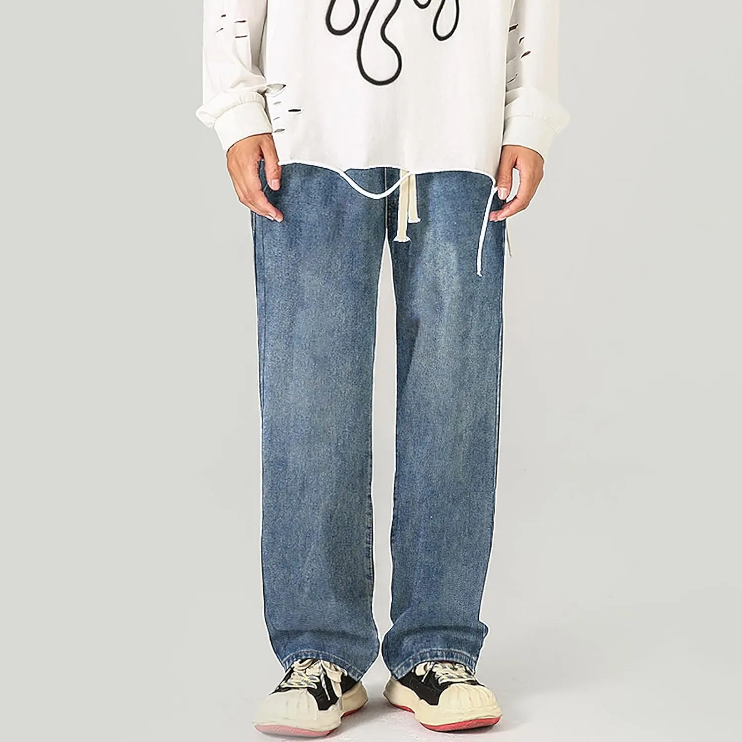 Baggy Straight Leg Jeans Men Baggy Drawstring Denim Pants Summer Casual Wide Leg Jeans Hip Hop High Street Trousers