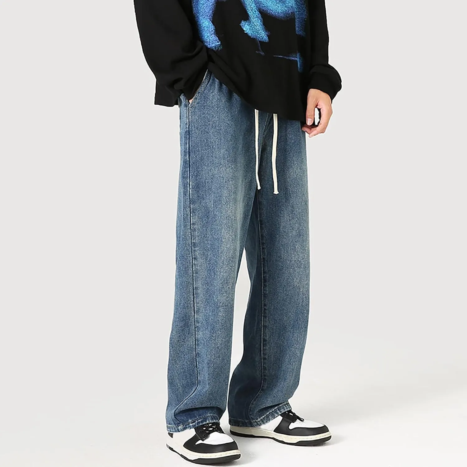 Baggy Straight Leg Jeans Men Baggy Drawstring Denim Pants Summer Casual Wide Leg Jeans Hip Hop High Street Trousers