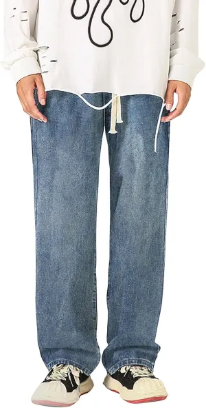 Baggy Straight Leg Jeans Men Baggy Drawstring Denim Pants Summer Casual Wide Leg Jeans Hip Hop High Street Trousers