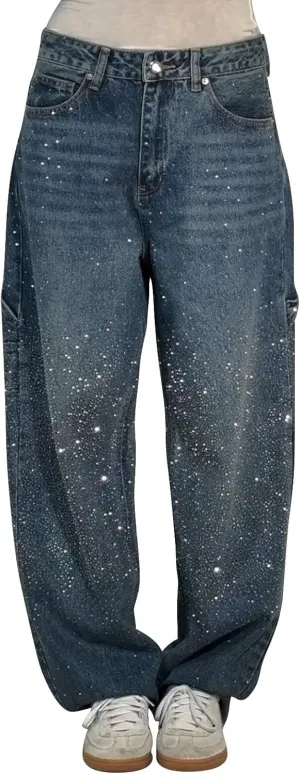 Barrel Jeans for Women Mid Rise Jeans Wide Leg Loose Fit Y2K Boyfriend Baggy Pants Cropped Denim Pants with Pockets