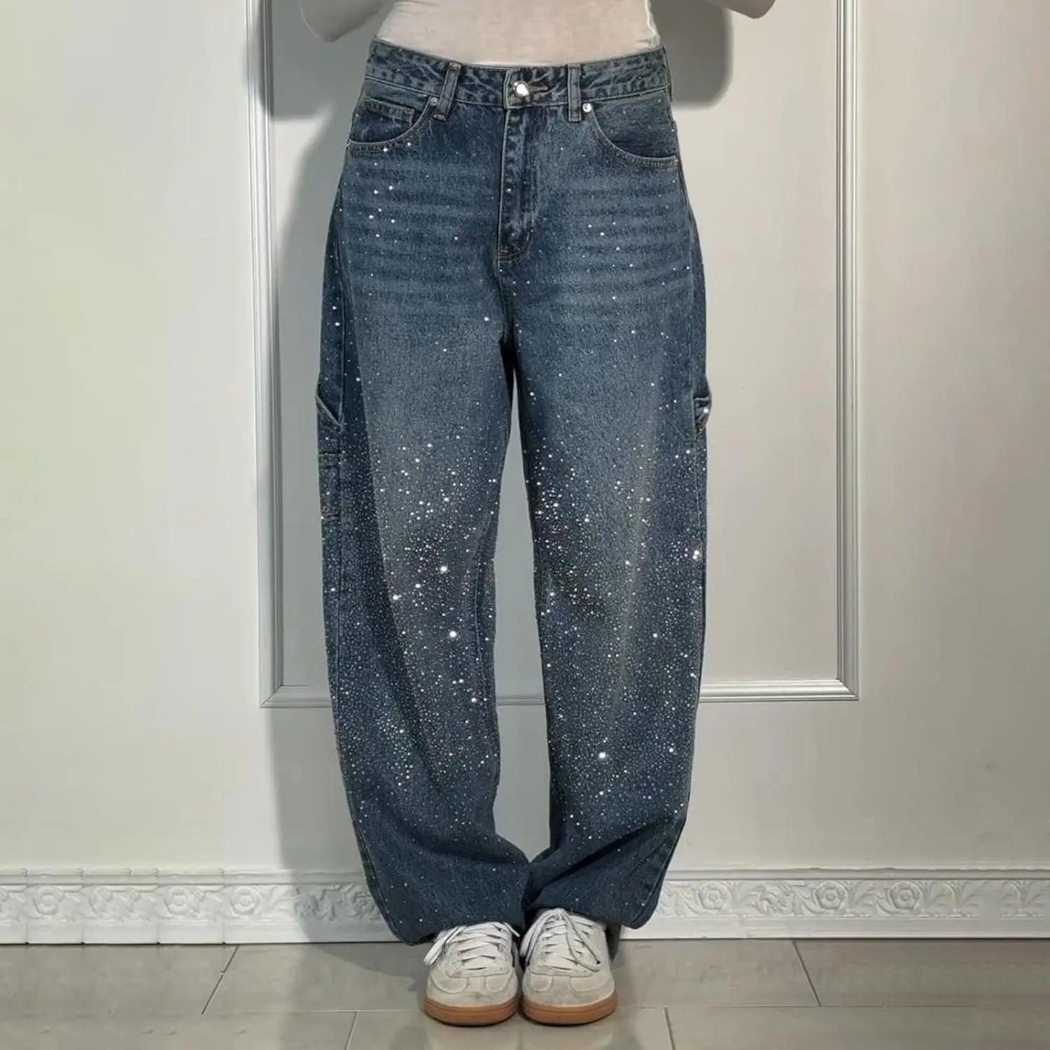 Barrel Jeans for Women Mid Rise Jeans Wide Leg Loose Fit Y2K Boyfriend Baggy Pants Cropped Denim Pants with Pockets