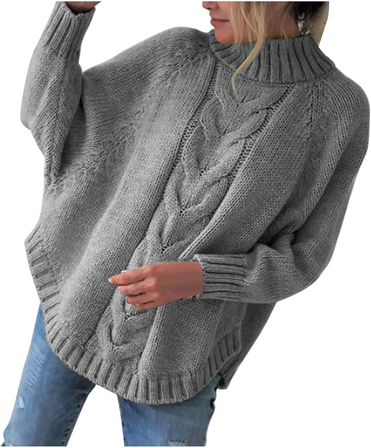 Batwing Sleeve Mock Neck Sweaters for Women Casual Cable Knitted Tops Fall Loose fit Jumper Pullovers for Going Out