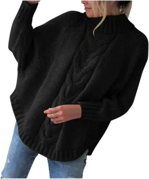 Batwing Sleeve Mock Neck Sweaters for Women Casual Cable Knitted Tops Fall Loose fit Jumper Pullovers for Going Out