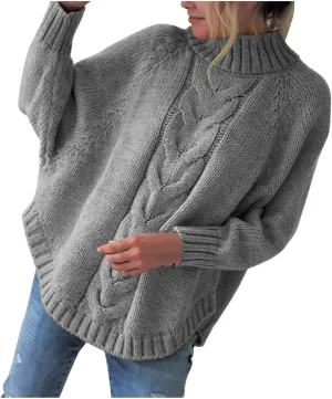 Batwing Sleeve Mock Neck Sweaters for Women Casual Cable Knitted Tops Fall Loose fit Jumper Pullovers for Going Out