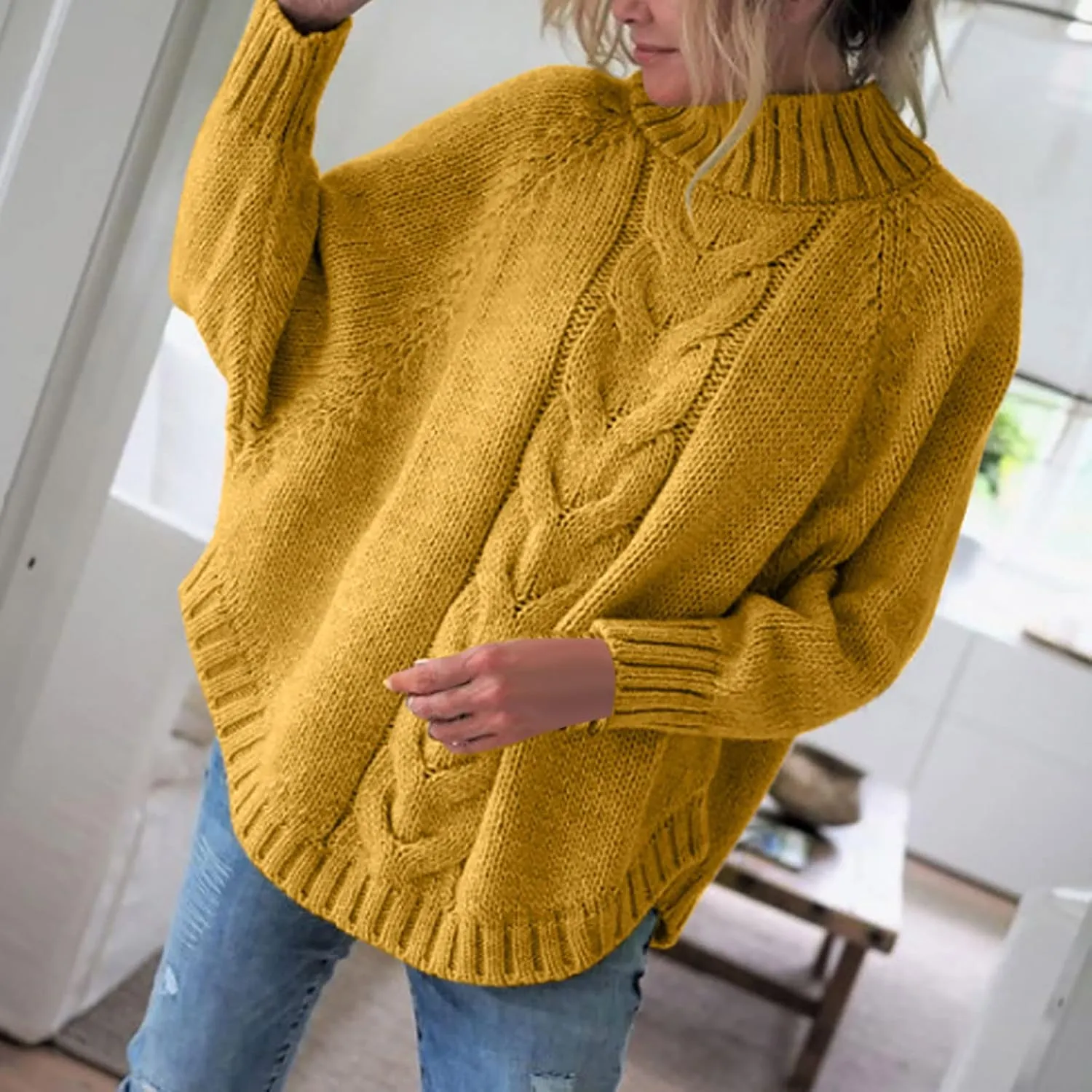 Batwing Sleeve Mock Neck Sweaters for Women Casual Cable Knitted Tops Fall Loose fit Jumper Pullovers for Going Out